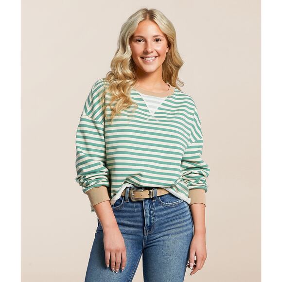 BKE Green + Cream Striped Crop Crewneck Sweatshirt - Large - Picture 1 of 10